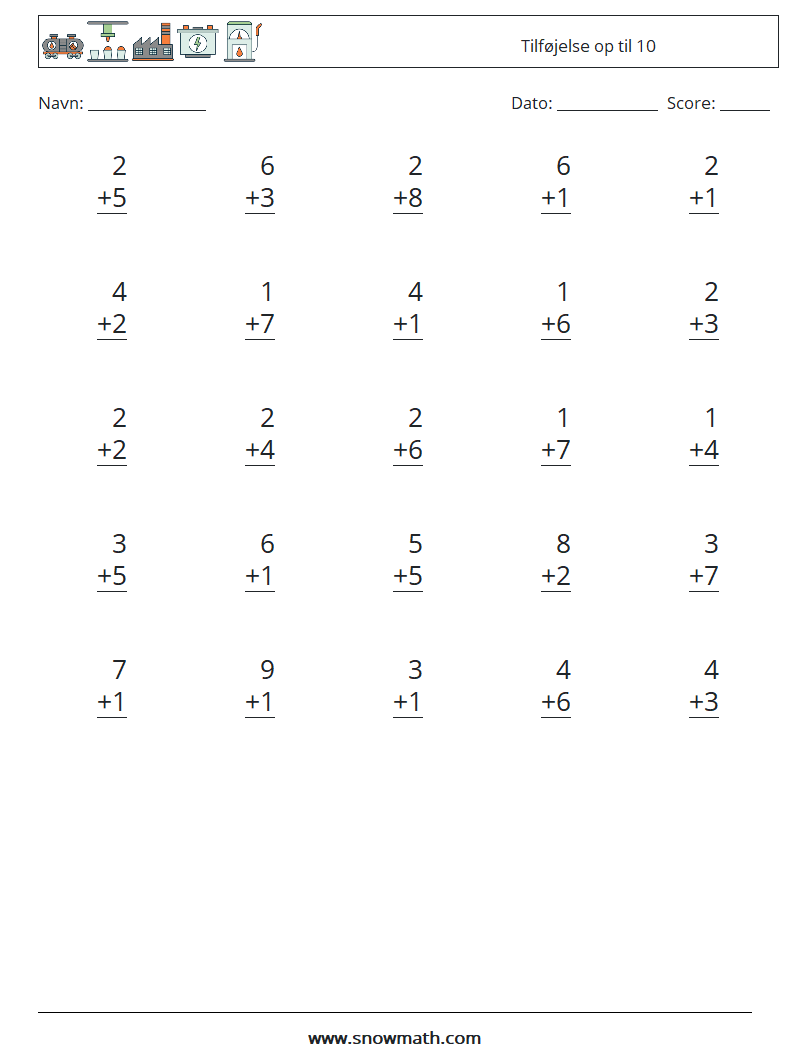 (25) Tilføjelse op til 10 Matematiske regneark 3