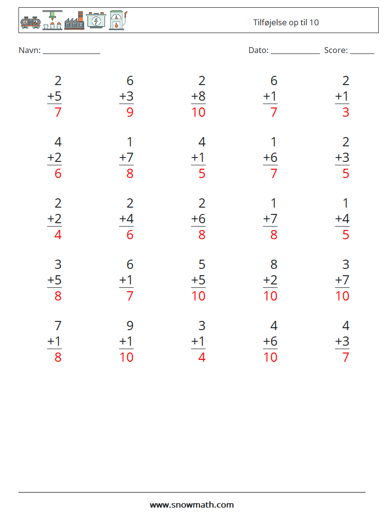 (25) Tilføjelse op til 10 Matematiske regneark 3 Spørgsmål, svar