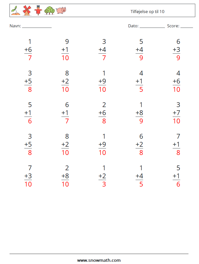 (25) Tilføjelse op til 10 Matematiske regneark 4 Spørgsmål, svar