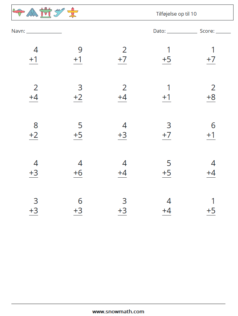 (25) Tilføjelse op til 10 Matematiske regneark 5