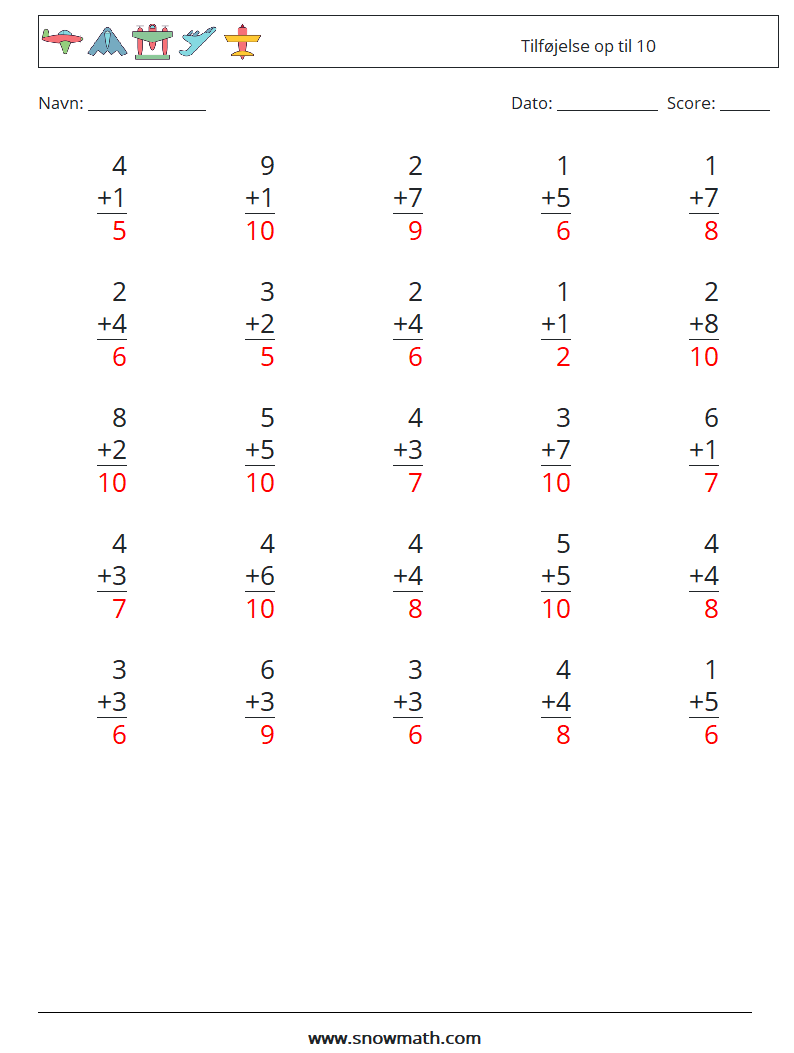 (25) Tilføjelse op til 10 Matematiske regneark 5 Spørgsmål, svar