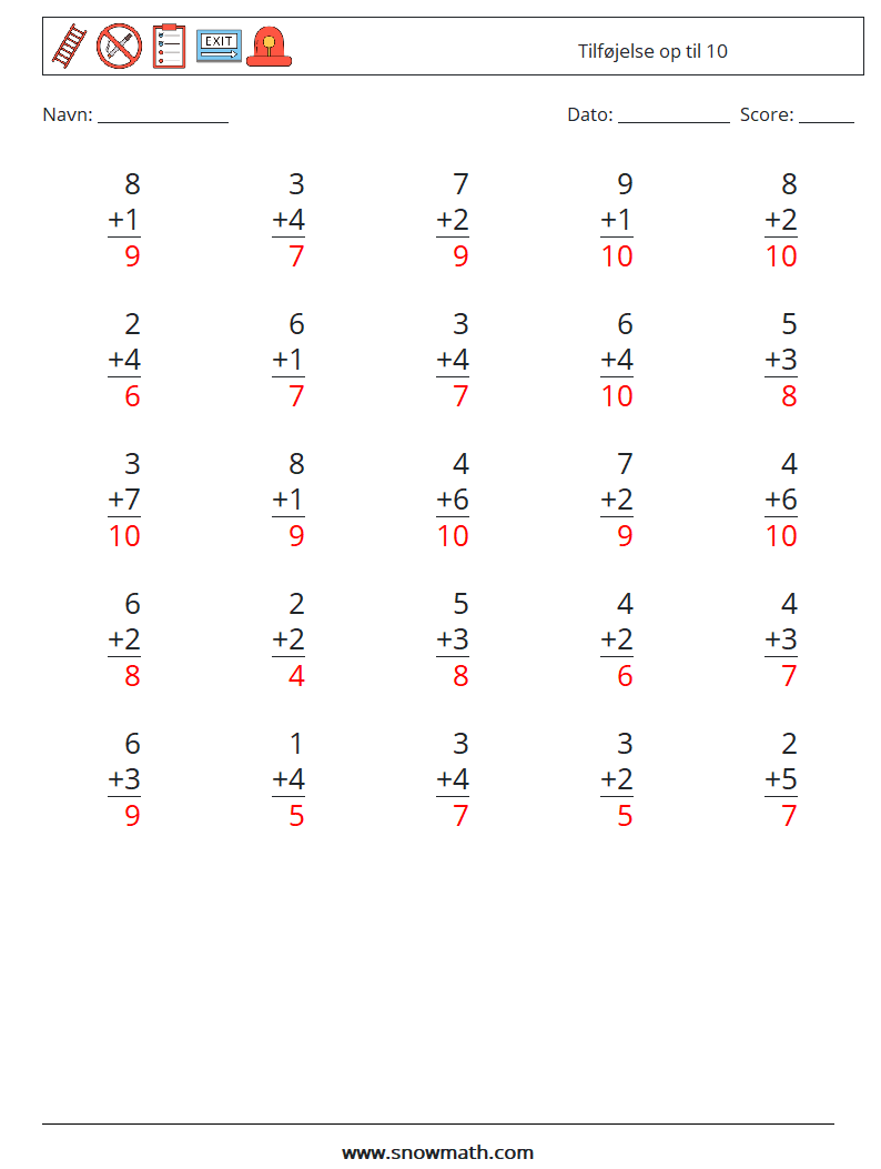 (25) Tilføjelse op til 10 Matematiske regneark 6 Spørgsmål, svar