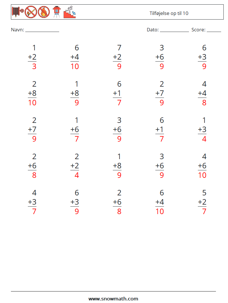 (25) Tilføjelse op til 10 Matematiske regneark 7 Spørgsmål, svar