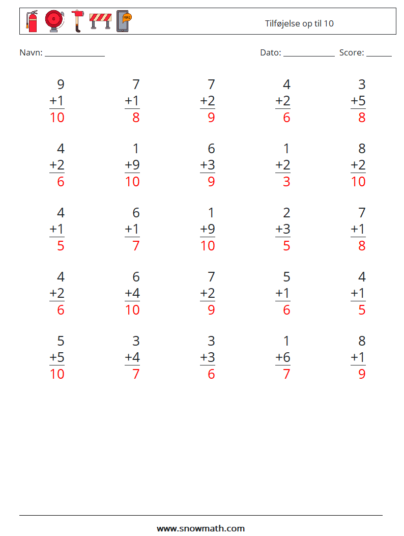 (25) Tilføjelse op til 10 Matematiske regneark 9 Spørgsmål, svar