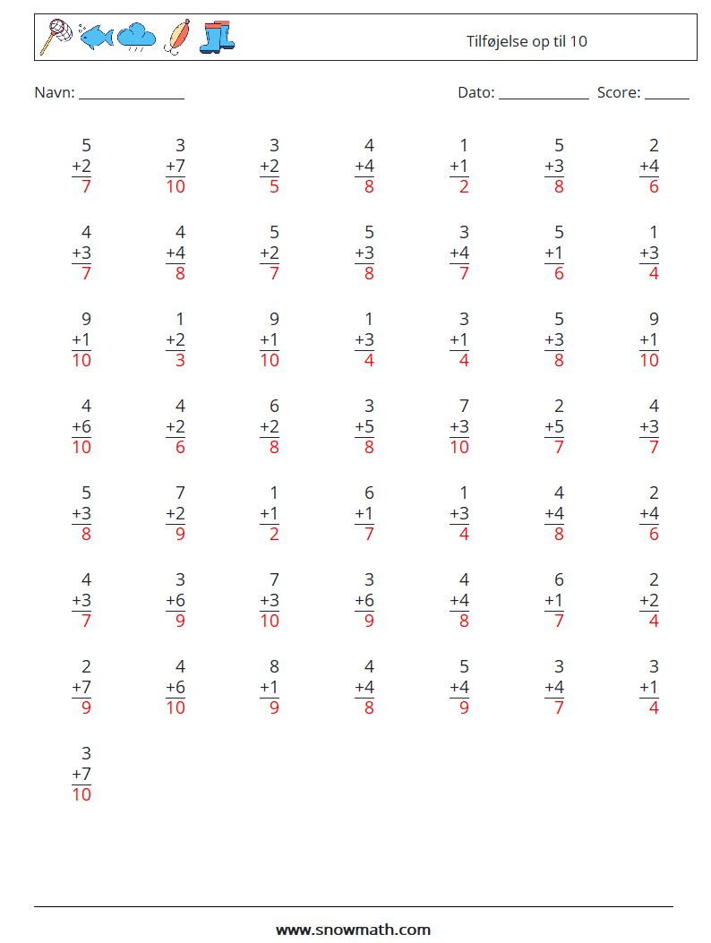 (50) Tilføjelse op til 10 Matematiske regneark 1 Spørgsmål, svar