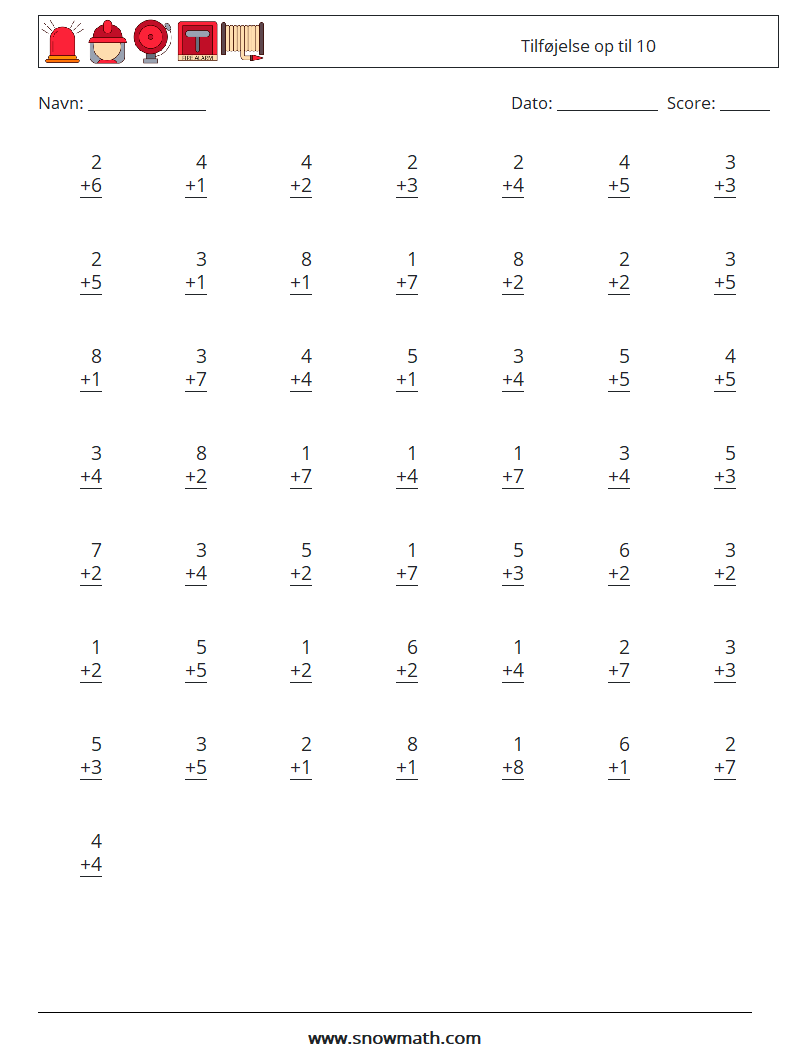 (50) Tilføjelse op til 10 Matematiske regneark 3