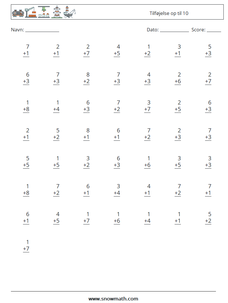 (50) Tilføjelse op til 10 Matematiske regneark 5