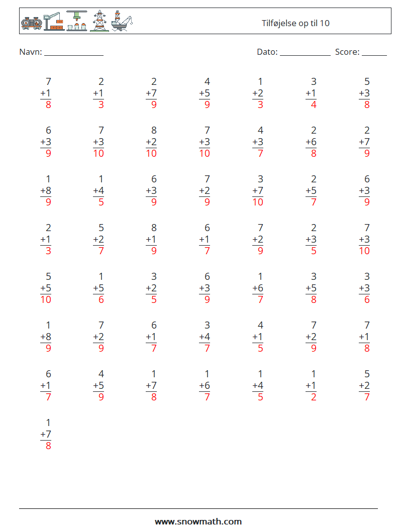 (50) Tilføjelse op til 10 Matematiske regneark 5 Spørgsmål, svar