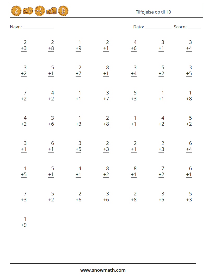 (50) Tilføjelse op til 10 Matematiske regneark 6