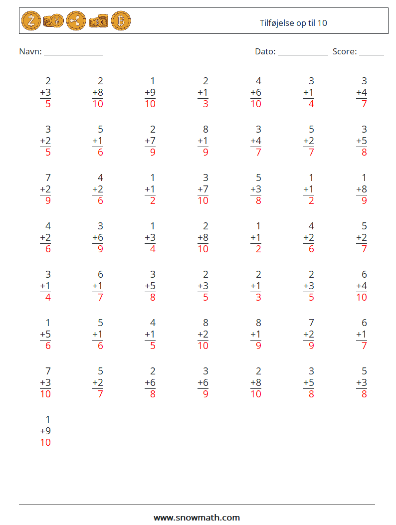 (50) Tilføjelse op til 10 Matematiske regneark 6 Spørgsmål, svar