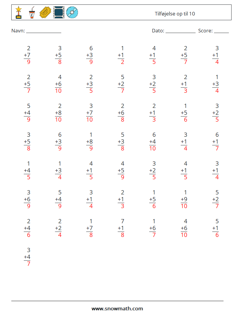 (50) Tilføjelse op til 10 Matematiske regneark 7 Spørgsmål, svar