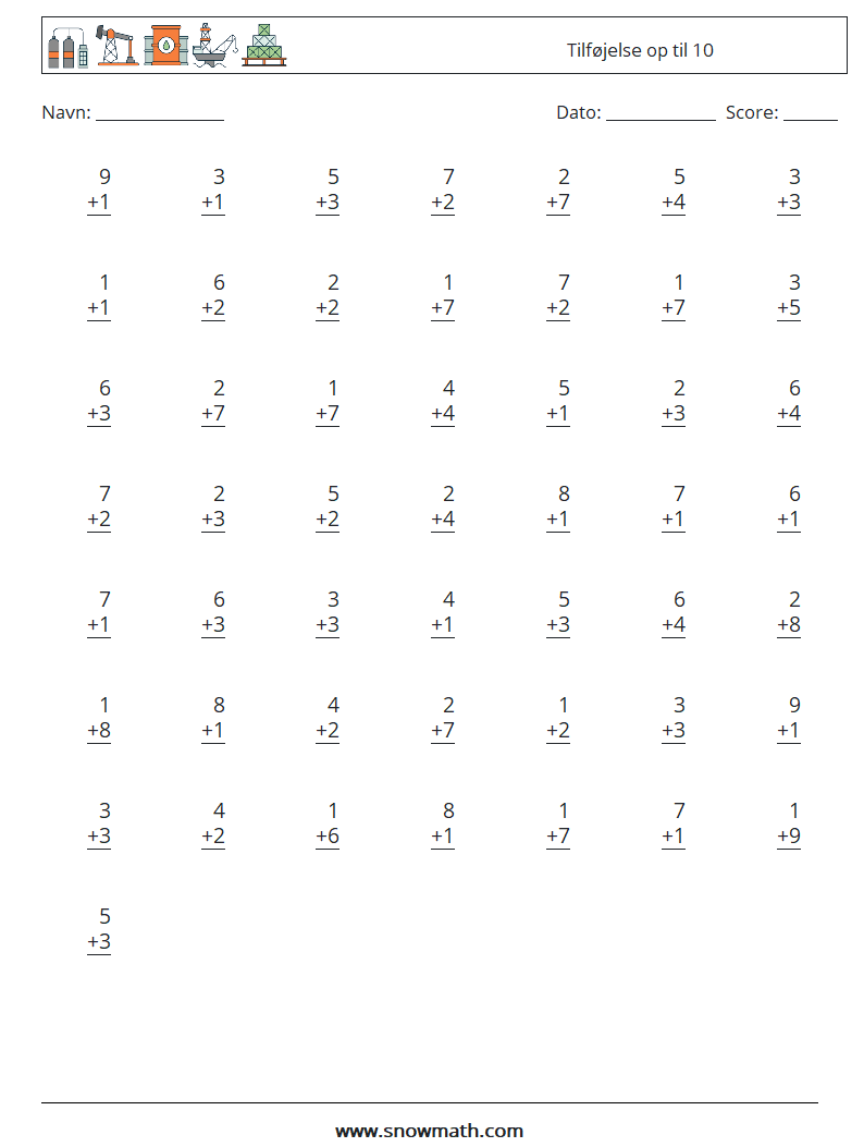 (50) Tilføjelse op til 10 Matematiske regneark 8