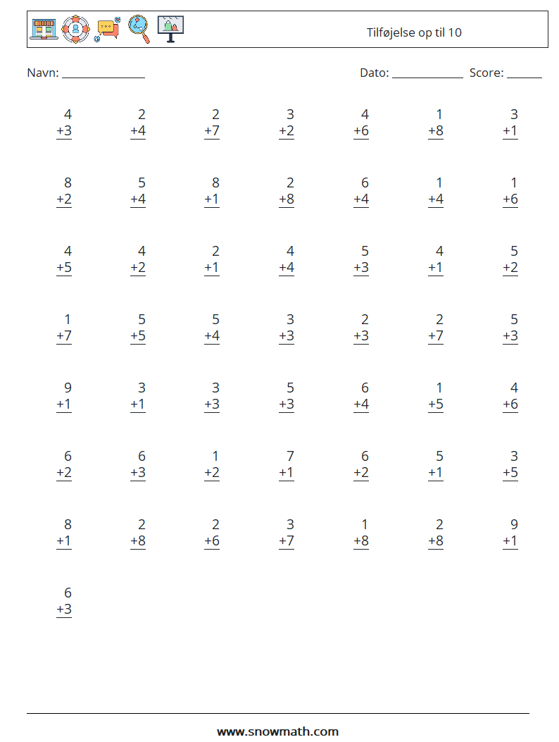 (50) Tilføjelse op til 10 Matematiske regneark 9