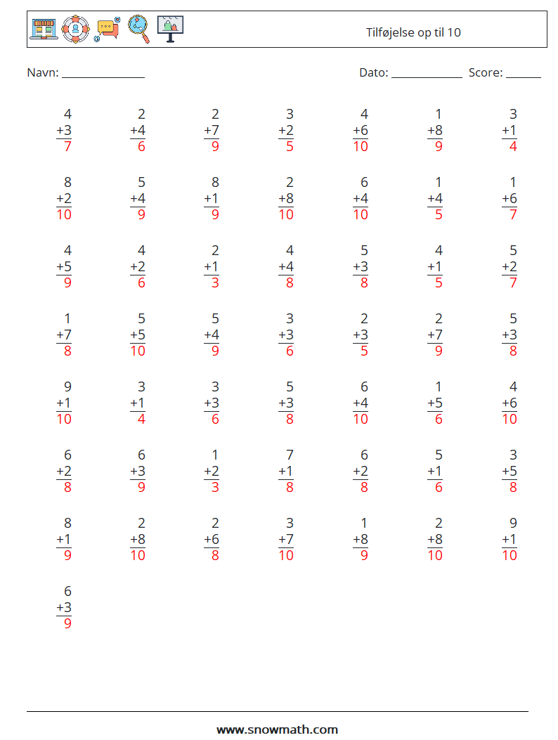 (50) Tilføjelse op til 10 Matematiske regneark 9 Spørgsmål, svar