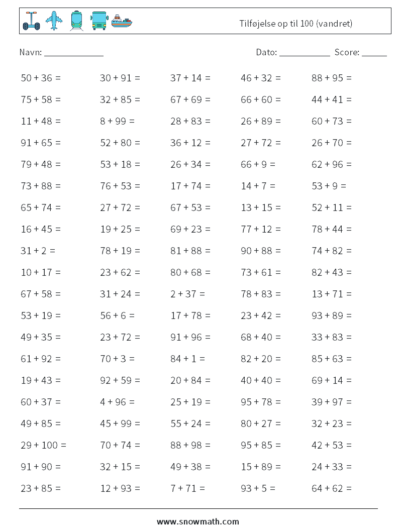 (100) Tilføjelse op til 100 (vandret) Matematiske regneark 1