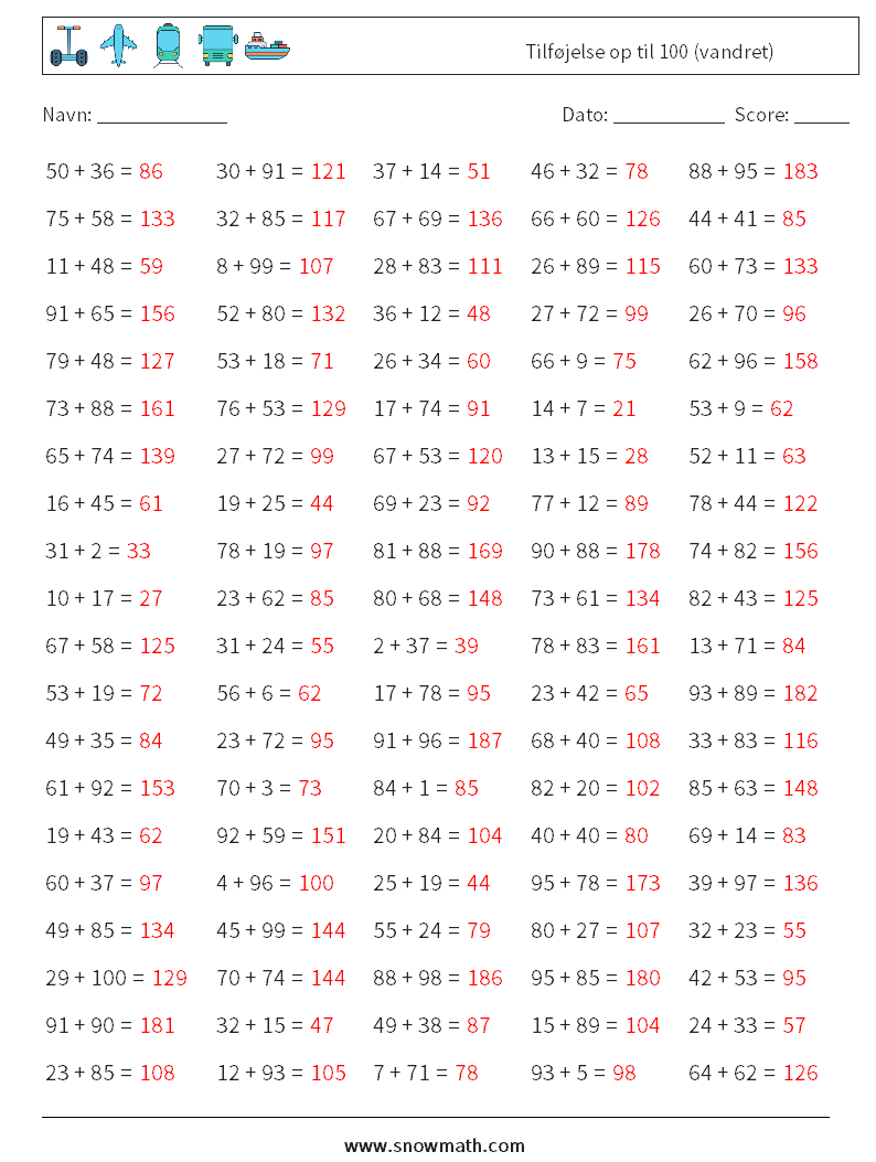 (100) Tilføjelse op til 100 (vandret) Matematiske regneark 1 Spørgsmål, svar