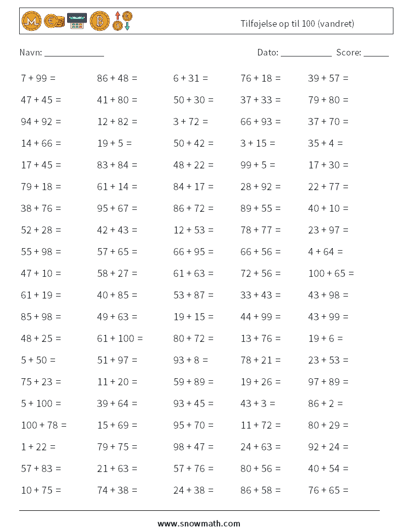 (100) Tilføjelse op til 100 (vandret) Matematiske regneark 2