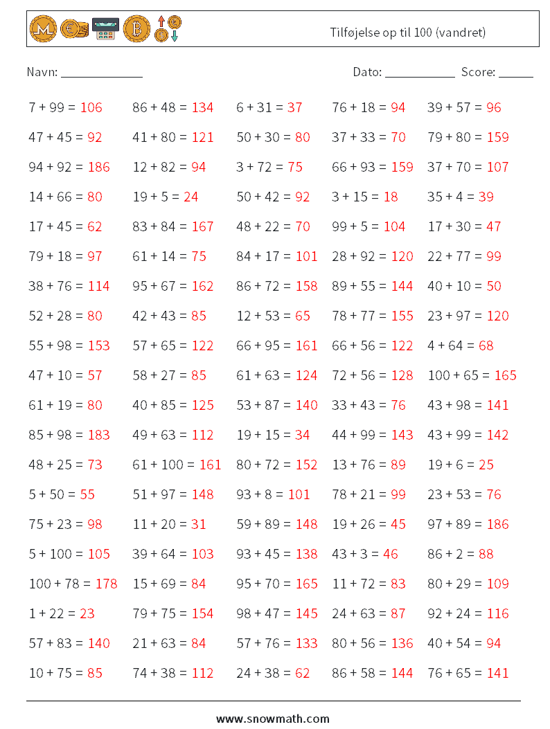 (100) Tilføjelse op til 100 (vandret) Matematiske regneark 2 Spørgsmål, svar