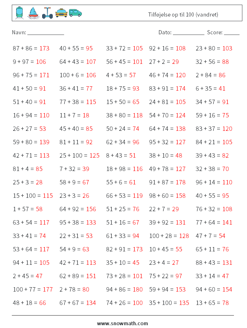 (100) Tilføjelse op til 100 (vandret) Matematiske regneark 3 Spørgsmål, svar