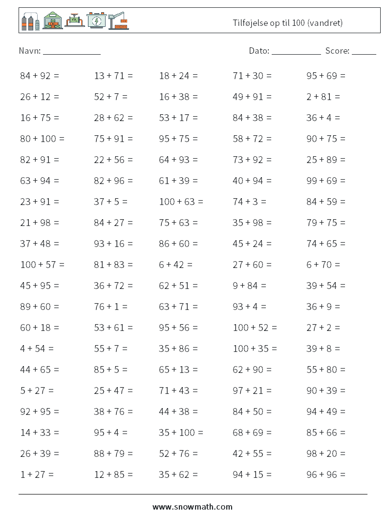 (100) Tilføjelse op til 100 (vandret) Matematiske regneark 4