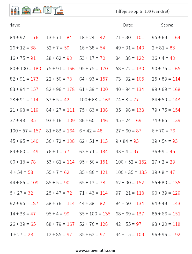 (100) Tilføjelse op til 100 (vandret) Matematiske regneark 4 Spørgsmål, svar