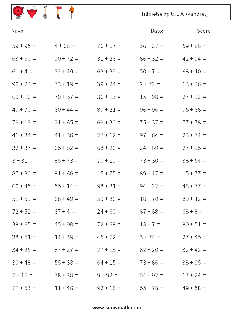 (100) Tilføjelse op til 100 (vandret) Matematiske regneark 5