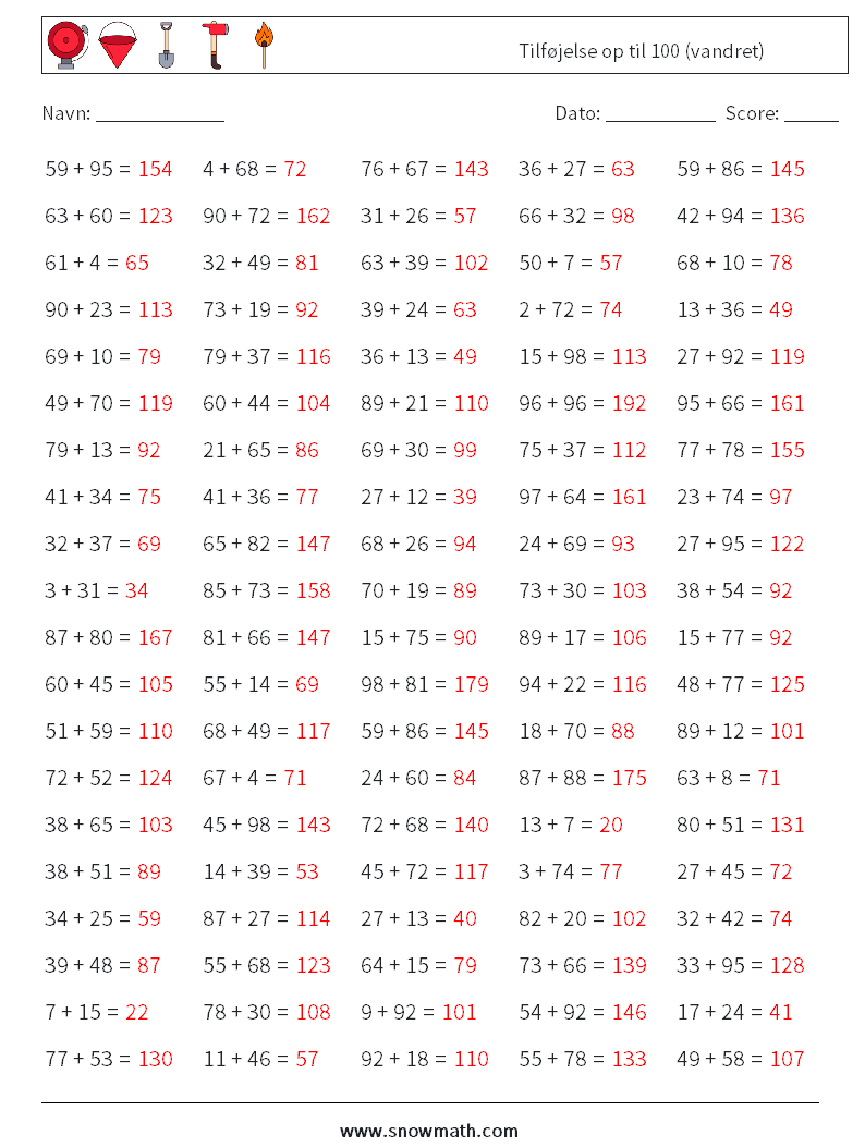 (100) Tilføjelse op til 100 (vandret) Matematiske regneark 5 Spørgsmål, svar