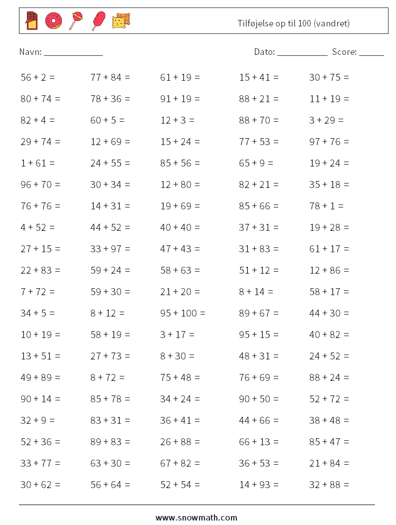 (100) Tilføjelse op til 100 (vandret) Matematiske regneark 6