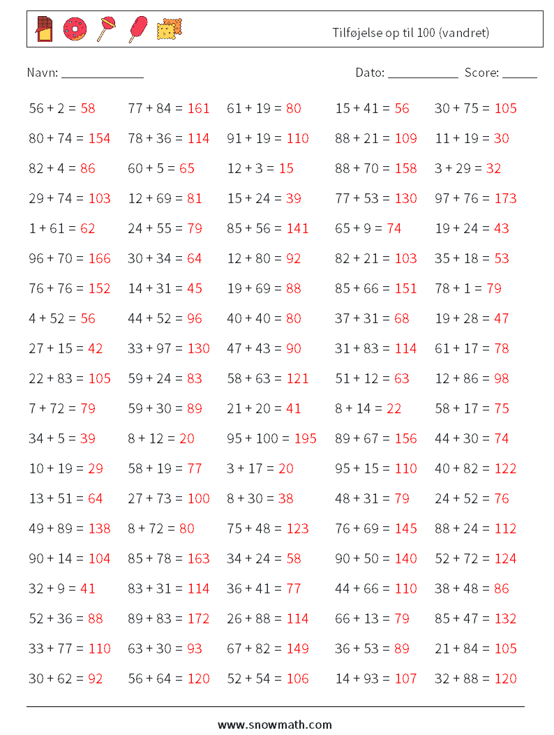 (100) Tilføjelse op til 100 (vandret) Matematiske regneark 6 Spørgsmål, svar