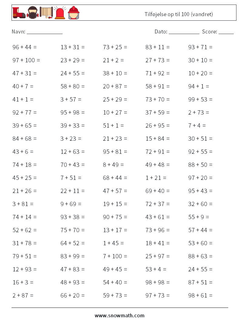 (100) Tilføjelse op til 100 (vandret) Matematiske regneark 7