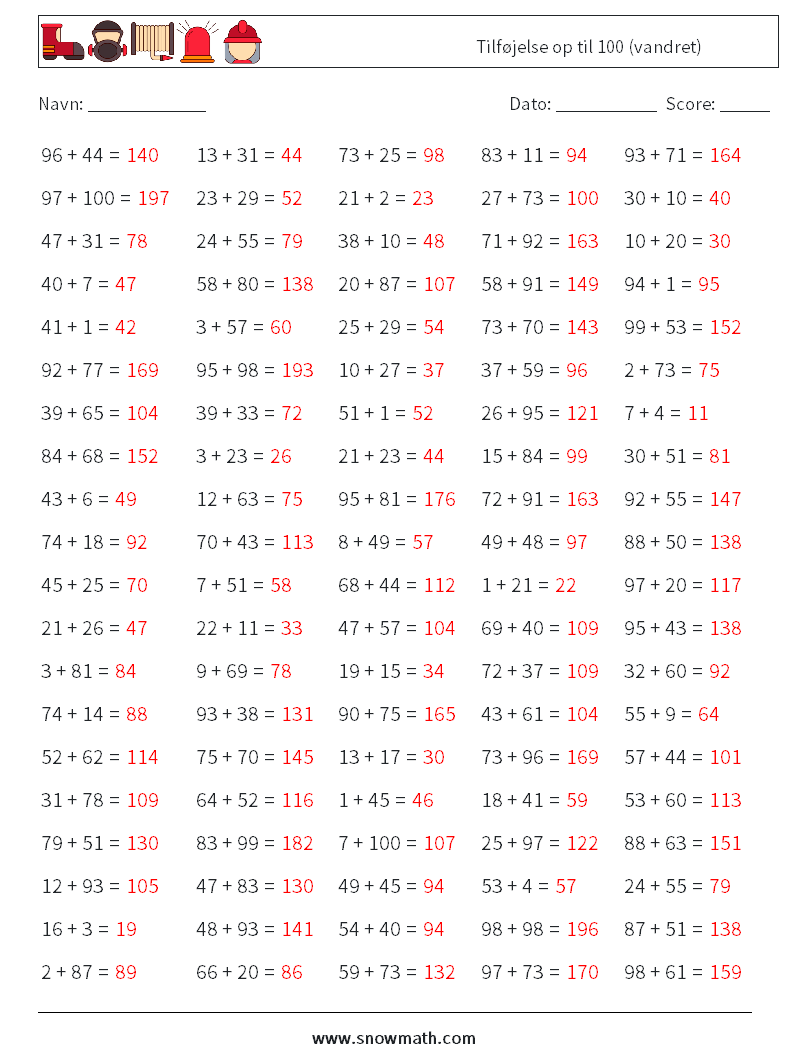 (100) Tilføjelse op til 100 (vandret) Matematiske regneark 7 Spørgsmål, svar