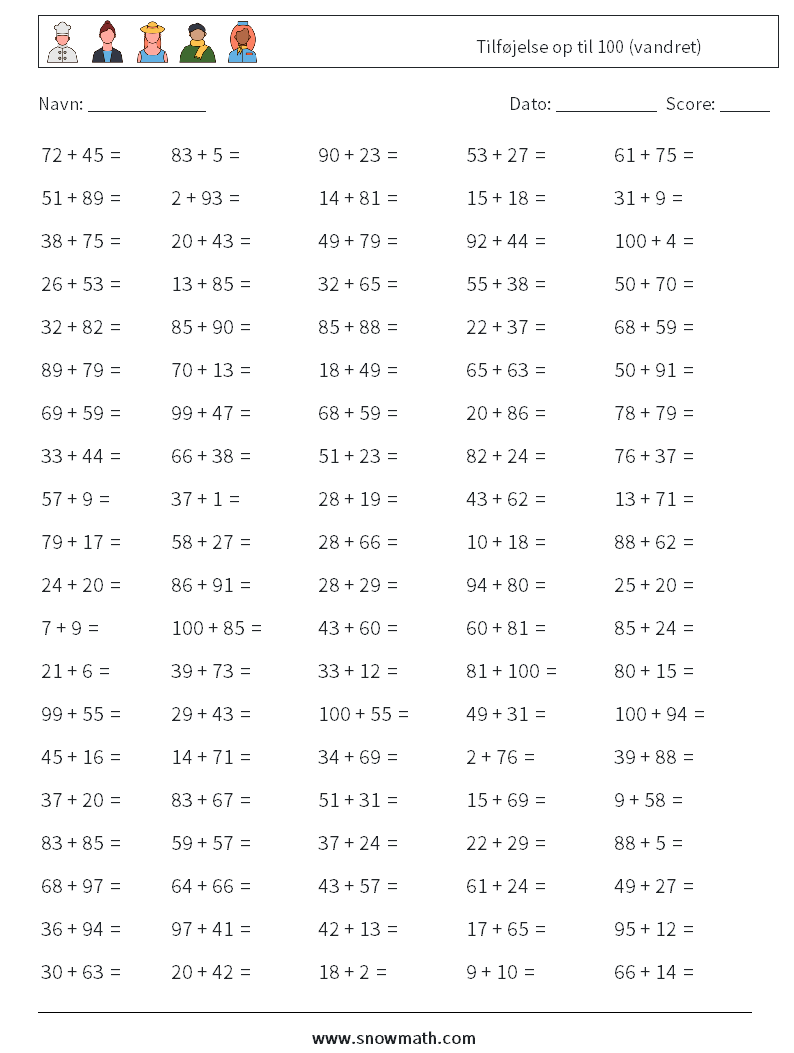 (100) Tilføjelse op til 100 (vandret) Matematiske regneark 9