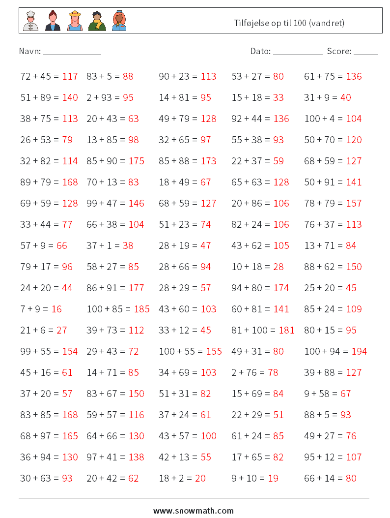 (100) Tilføjelse op til 100 (vandret) Matematiske regneark 9 Spørgsmål, svar