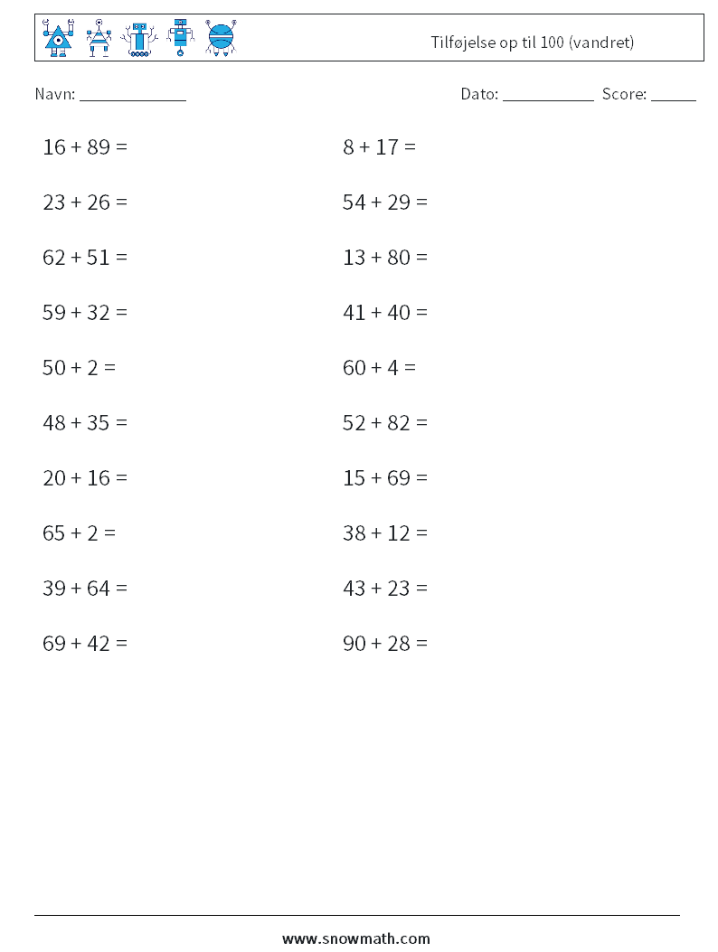 (20) Tilføjelse op til 100 (vandret) Matematiske regneark 1