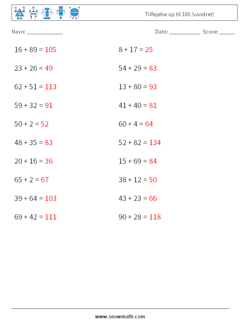 (20) Tilføjelse op til 100 (vandret) Matematiske regneark 1 Spørgsmål, svar