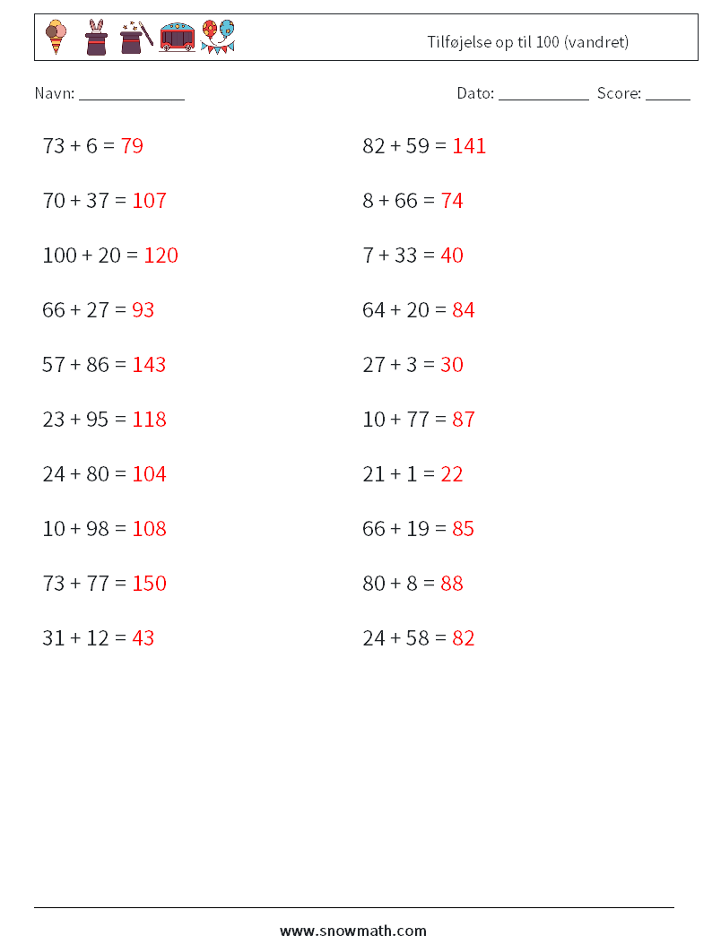(20) Tilføjelse op til 100 (vandret) Matematiske regneark 2 Spørgsmål, svar