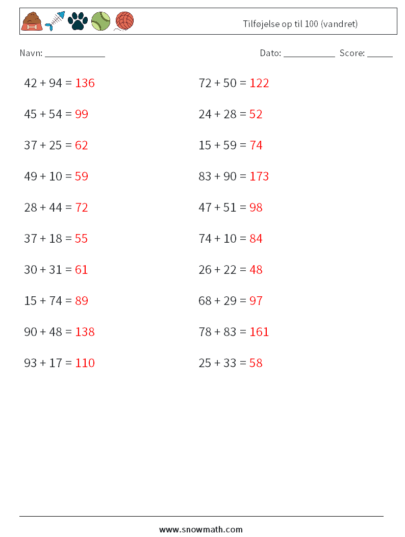 (20) Tilføjelse op til 100 (vandret) Matematiske regneark 3 Spørgsmål, svar