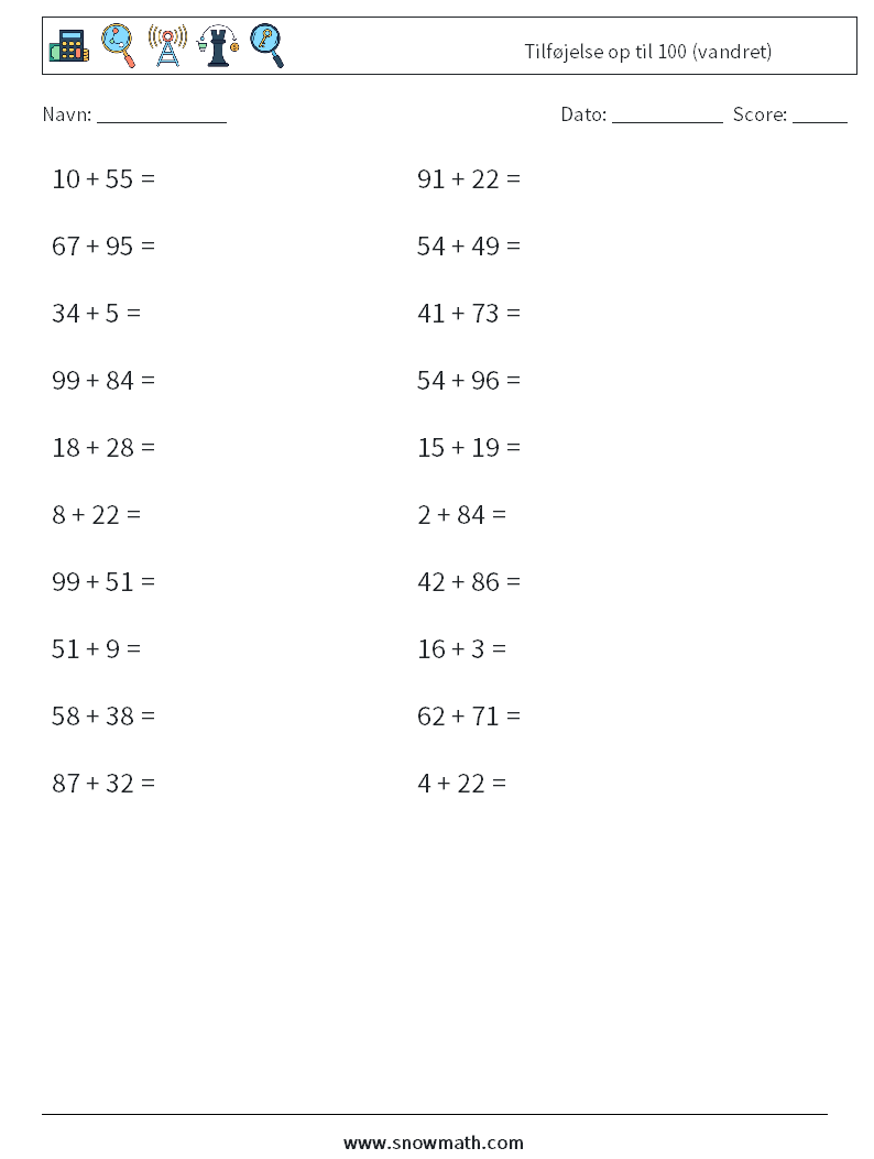 (20) Tilføjelse op til 100 (vandret) Matematiske regneark 4