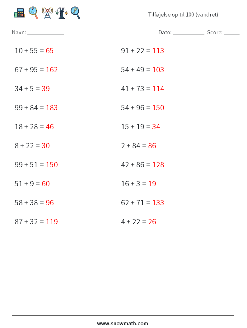 (20) Tilføjelse op til 100 (vandret) Matematiske regneark 4 Spørgsmål, svar