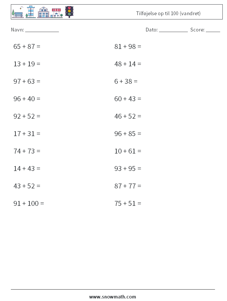 (20) Tilføjelse op til 100 (vandret) Matematiske regneark 5