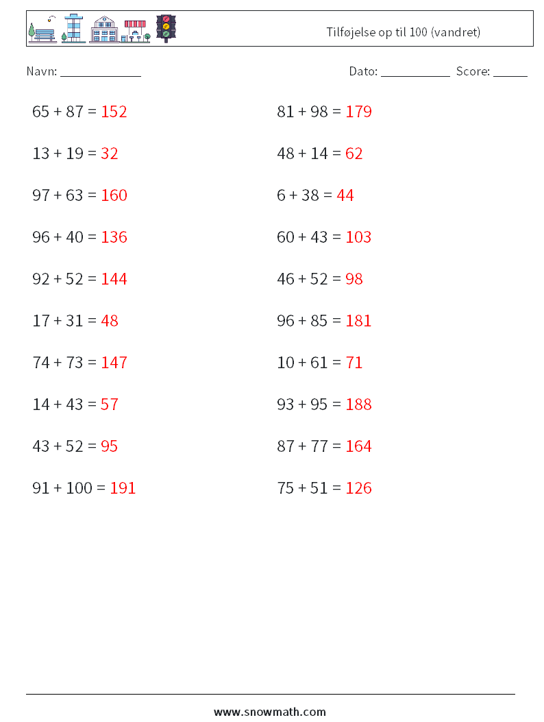 (20) Tilføjelse op til 100 (vandret) Matematiske regneark 5 Spørgsmål, svar