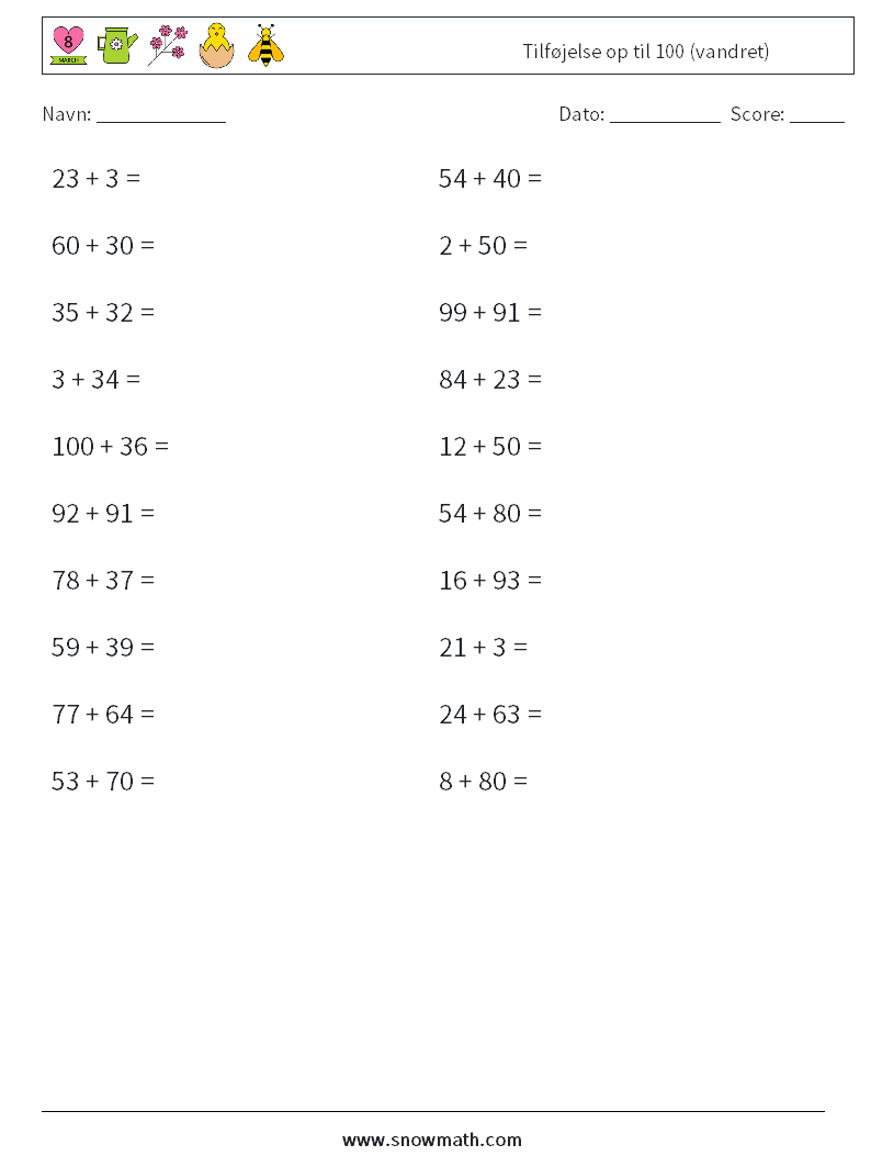 (20) Tilføjelse op til 100 (vandret) Matematiske regneark 6