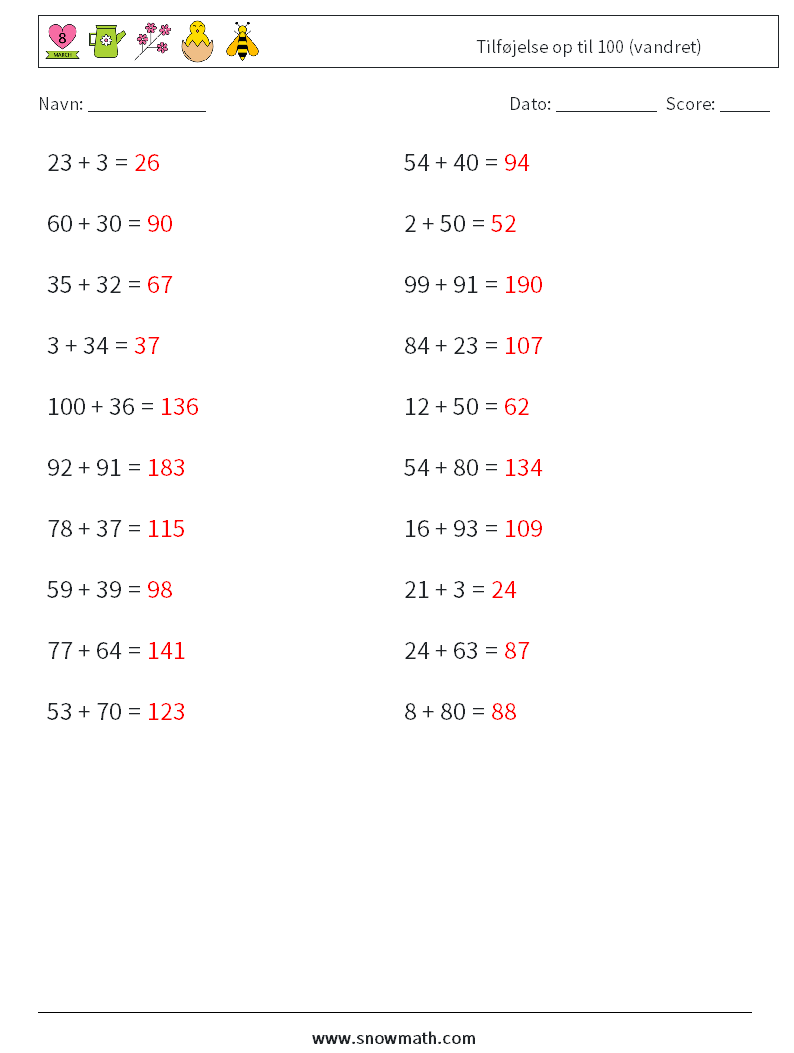 (20) Tilføjelse op til 100 (vandret) Matematiske regneark 6 Spørgsmål, svar