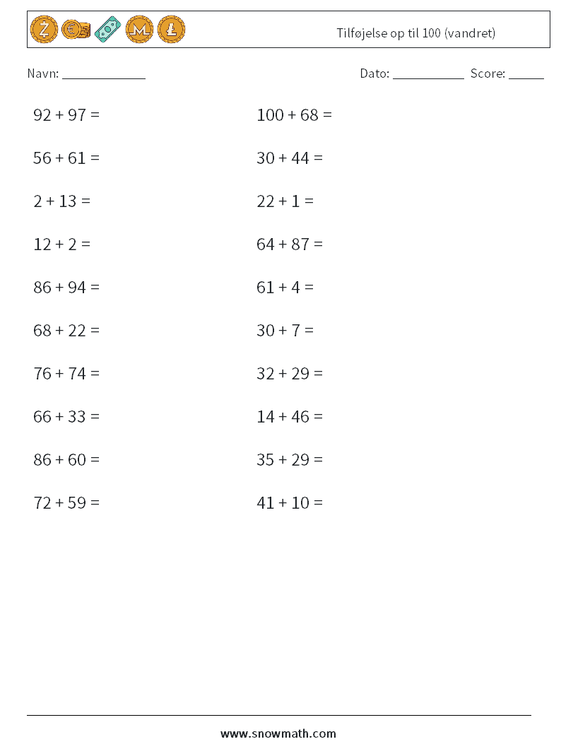 (20) Tilføjelse op til 100 (vandret) Matematiske regneark 7