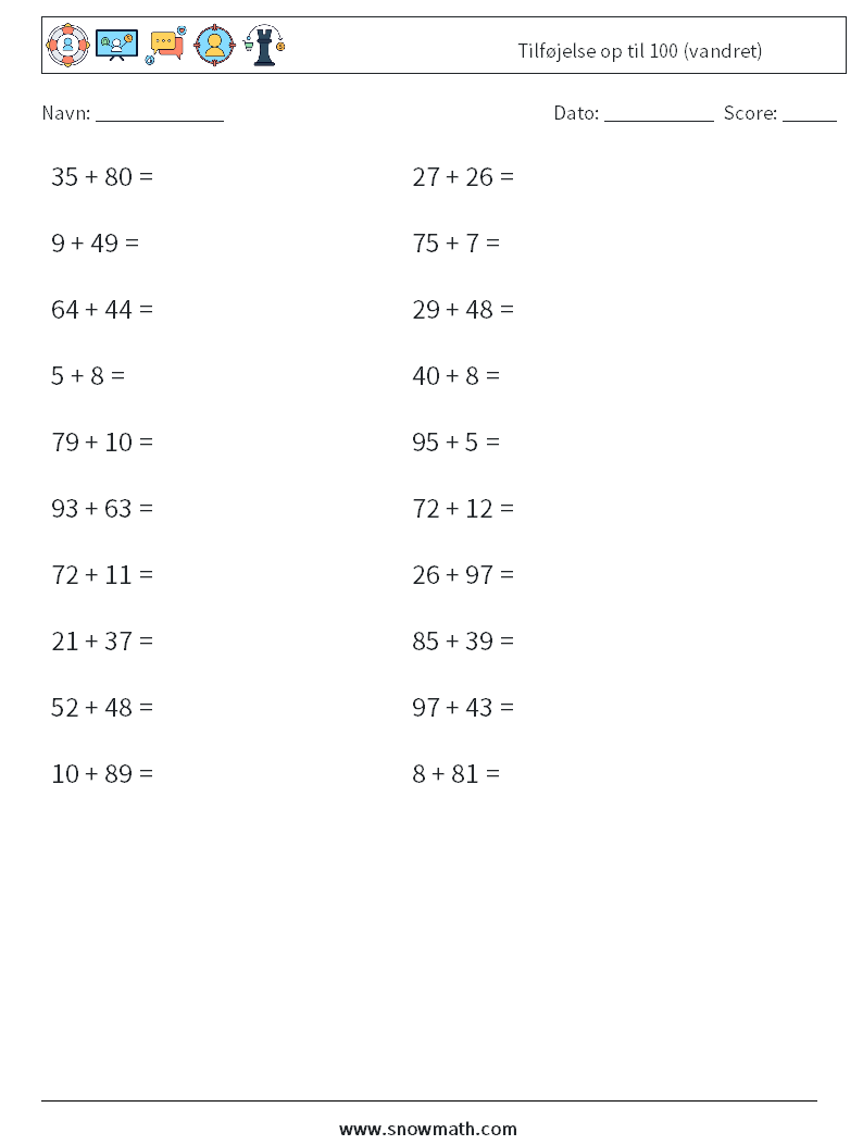 (20) Tilføjelse op til 100 (vandret) Matematiske regneark 8