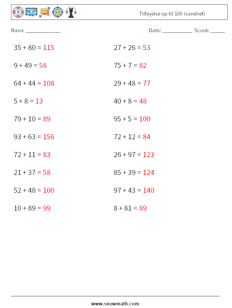 (20) Tilføjelse op til 100 (vandret) Matematiske regneark 8 Spørgsmål, svar
