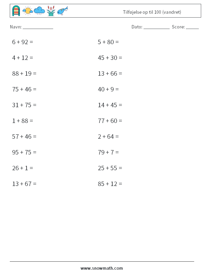 (20) Tilføjelse op til 100 (vandret) Matematiske regneark 9