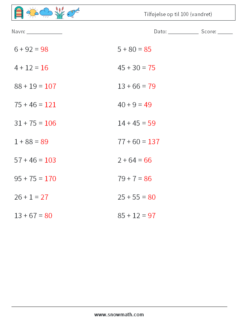 (20) Tilføjelse op til 100 (vandret) Matematiske regneark 9 Spørgsmål, svar