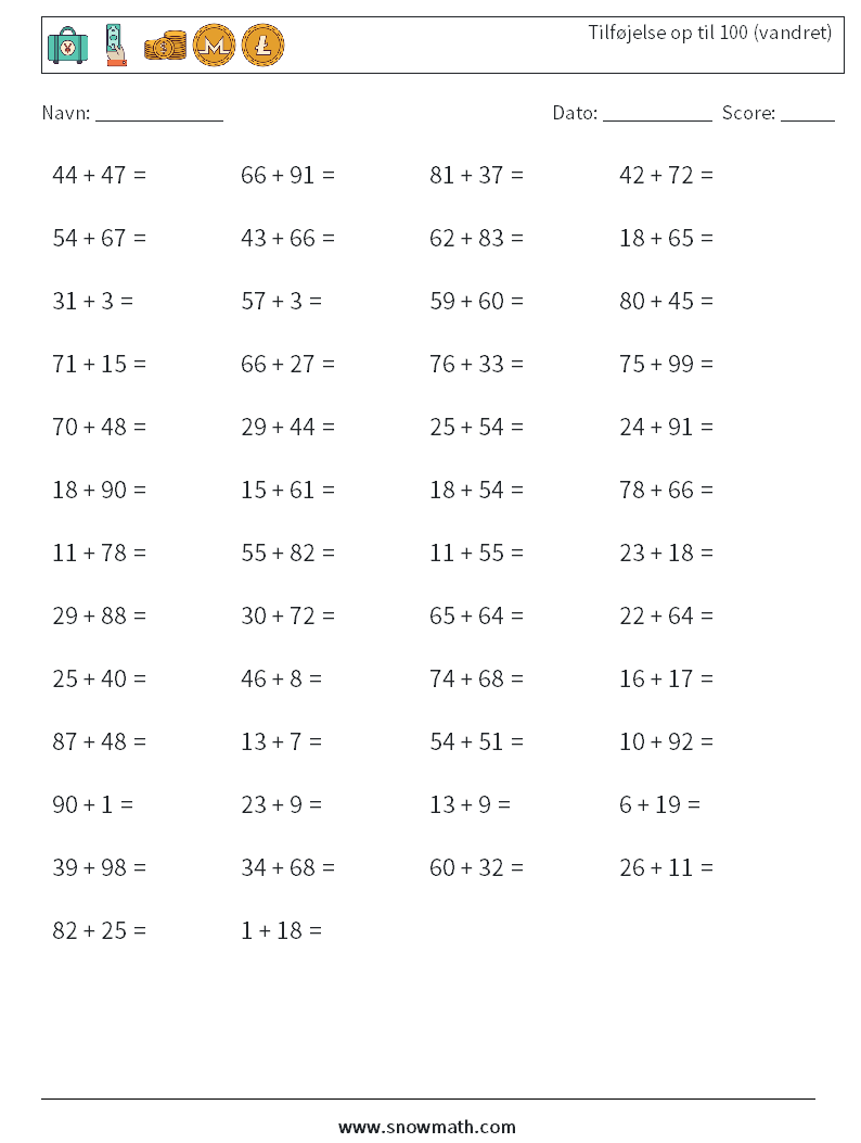 (50) Tilføjelse op til 100 (vandret) Matematiske regneark 1