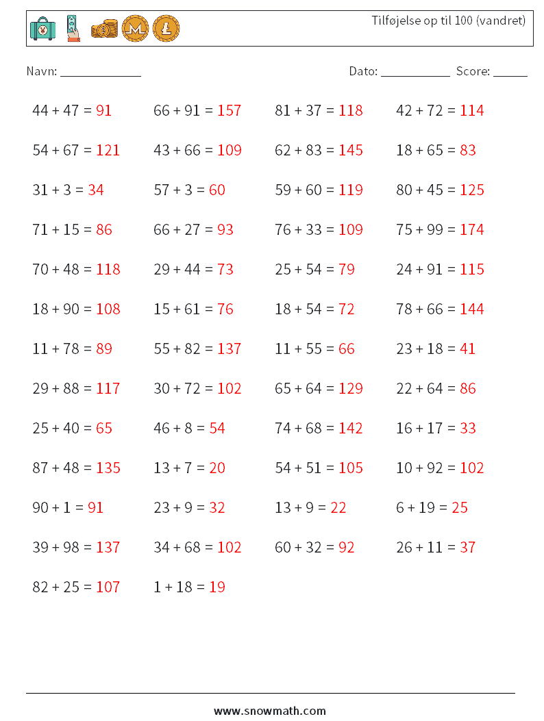 (50) Tilføjelse op til 100 (vandret) Matematiske regneark 1 Spørgsmål, svar